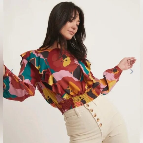 Marine Layer Brooklyn Blouse Exploded Floral Tencel Smocked Crop Ruffle Fall L - Picture 1 of 6